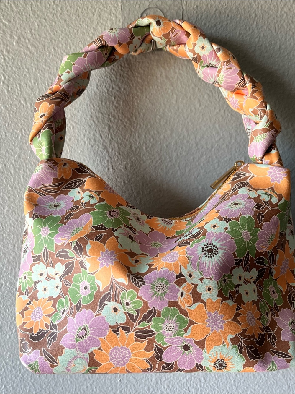 Floral braided Handle Shoulder Bag in Orange, Green & Lilac